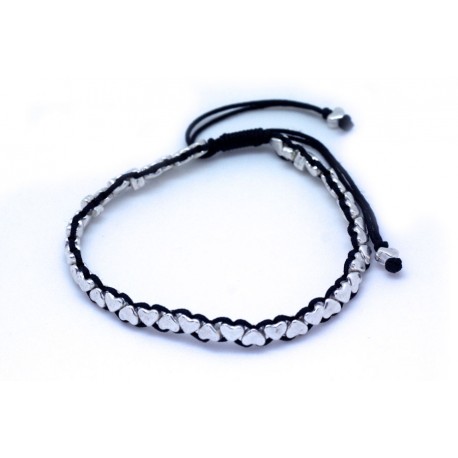 Pulsera Trenzada Negra + Metal Corazones