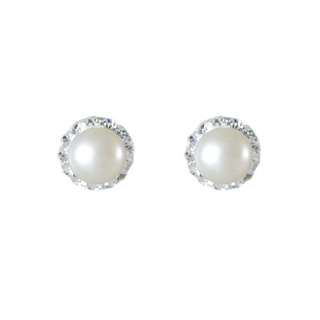 Pendientes plata y perla 8mm. y strass