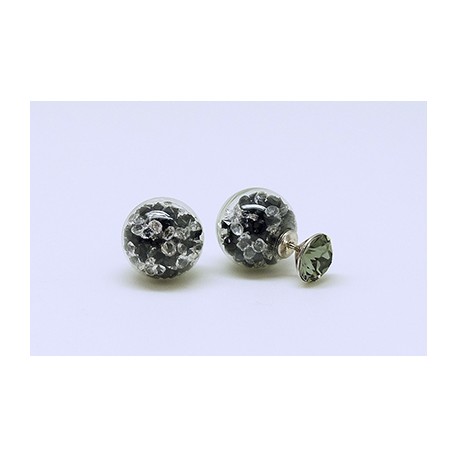 Pendiente Doble Lado, Palo Plata + Swarovski Cristal-Negro