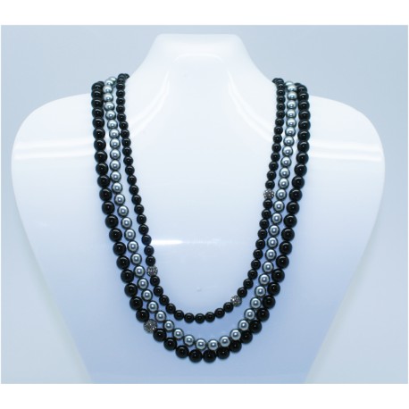 Collar Triple Perlas (negro y gris) + 4 Bolas Simil