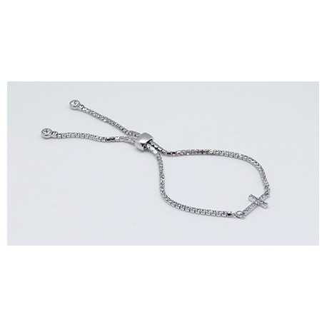 Pulsera Cruz Rodio + Simil, Ajustable Con Tope