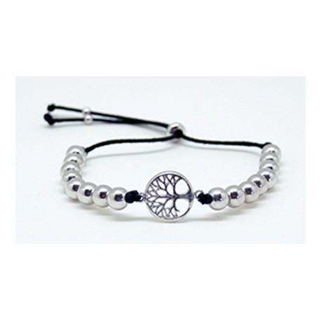 Pulsera Cuero + Bolas y Árbol De Plata