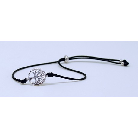 Pulsera Cuero Ajustable Árbol de la Vida + Bolas Plata
