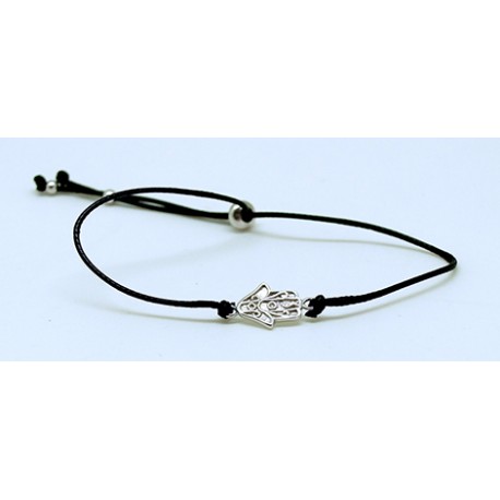 Pulsera Cuero Ajustable Mano de Fatima + Bolas Plata