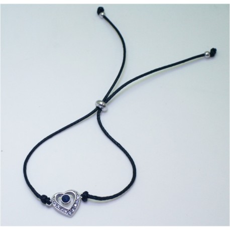 Pulsera Cuero Ajustable Corazón + Bolas Plata