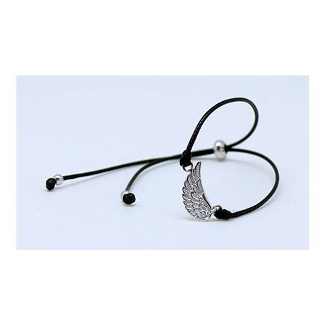 Pulsera Cuero Ajustable Ala + Bolas  Plata