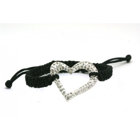 Pulseras Trenzada Negra + Motivo Corazón Plata Y Simil